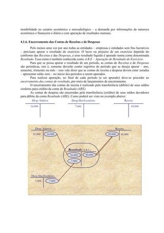 instabilidade no cenário econômico e mercadológico – a demanda por informações de natureza
econômica e financeira é diária e com apuração de resultados mensais.

4.1.6. Encerramento das Contas de Receitas e de Despesas
       Pelo menos uma vez por ano todas as entidades – empresas e entidades sem fins lucrativos
– precisam apurar o resultado do exercício. O lucro ou prejuízo de um exercício depende do
confronto das Receitas e das Despesas, e esse resultado líquido é apurado numa conta denominada
Resultado. Essa conta é também conhecida como A.R.E – Apuração do Resultado de Exercício.
       Para que se possa apurar o resultado de um período, as contas de Receitas e de Despesas
são periódicas, isto é, somente deverão conter registros do período que se deseja apurar – ano,
semestre, trimestre ou mês – isso vale dizer que as contas de receita e despesa devem estar zeradas
– apresentar saldo zero – no início dos períodos a serem apurados.
       Para realizar apuração, no final de cada período (a ser apurado) deve-se proceder ao
encerramento das contas de resultado, por meio de lançamentos de encerramento.
       O encerramento das contas de receita é realizado pela transferência (débito) de seus saldos
credores para crédito da conta de Resultado (ARE).
       As contas de despesa são encerradas pela transferência (crédito) de seus saldos devedores
para débito da conta Resultado (ARE). Como poderá ser visto no exemplo abaixo:
        Desp. Salários                 Desp.Mat.Escritório                         Receita
       16.000                            7.000                                          45.000




           Desp. Salários                                                Receita
         16.000      16.000                                        45.000    45.000




                                    Resultado (A.R.E.)
                                      16.000      45.000

                                      7.000




        Desp.Mat.Escritório
           7.000         7.000
 