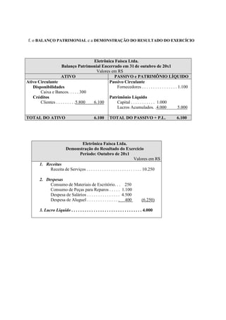 f. o BALANÇO PATRIMONIAL e a DEMONSTRAÇÃO DO RESULTADO DO EXERCÍCIO



                                       Eletrônica Faísca Ltda.
                     Balanço Patrimonial Encerrado em 31 de outubro de 20x1
                                        Valores em R$
                    ATIVO                        PASSIVO e PATRIMÔNIO LÍQUIDO
Ativo Circulante                               Passivo Circulante
   Disponibilidades                                Fornecedores . . . . . . . . . . . . . . . . 1.100
       Caixa e Bancos. . . . . 300
   Créditos                                    Patrimônio Líquido
       Clientes . . . . . . . . .5.800 6.100       Capital . . . . . . . . . . . 1.000
                                                   Lucros Acumulados. .4.000                    5.000

TOTAL DO ATIVO                                   6.100       TOTAL DO PASSIVO + P.L.             6.100




                                  Eletrônica Faísca Ltda.
                           Demonstração do Resultado do Exercício
                                Período: Outubro de 20x1
                                                           Valores em R$
        1. Receitas
             Receita de Serviços . . . . . . . . . . . . . . . . . . . . . . . . . 10.250

        2. Despesas
             Consumo de Materiais de Escritório. . . 250
             Consumo de Peças para Reparos . . . . . 1.100
             Despesa de Salários . . . . . . . . . . . . . . . 4.500
             Despesa de Aluguel . . . . . . . . . . . . . . . 400                    (6.250)

        3. Lucro Líquido . . . . . . . . . . . . . . . . . . . . . . . . . . . . . . . . 4.000
 