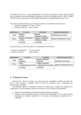 No Balanço de 31/12/x1, a conta Adiantamento de Clientes apresentará um saldo credor de $400,
que corresponde à parcela da obrigação de prestar os serviços contratados pela Cia. ABC. Na DRE,
a Receita de Serviços conterá o valor de $600 melhorando o resultado líquido do mês 12/x1.


Em resumo, podemos afirmar que as Despesas podem ser classificadas de duas formas:
  1. Quanto ao pagamento: à Vista e a Prazo
  2. Quanto ao período: Atual e Futura


DESPESAS           À VISTA                 A PRAZO                   DEMONSTRAÇÕES
   Atual     Despesa                 Despesa                  Resultado do Exercício
             a Caixa                 a Despesa a Pagar
  Futura     Despesa Antecipada      Despesa Antecipada       Balanço Patrimonial (Ativo)
             a Caixa                 a Despesa a Pagar
             (-) Caixa               (+) Dívida

Da mesma forma, as Receitas podem ser classificadas de duas formas:

1. quanto ao recebimento:   Á Vista e a Prazo
2. quanto ao período:       Atual e Futura.


DESPESAS             À VISTA                     A PRAZO                DEMONSTRAÇÕES
   Atual     Caixa                       Receita a Receber
             a Receita                   a Receita                    Resultado do Exercício
  Futura     Caixa                       Valores a Receber
             a Adiantamento de Cliente   a Adiantamento de Cliente    Balanço Patrimonial (Ativo)
             (+) Caixa                   (-) Dívida




5. O Plano de Contas
    Basicamente, o Plano de Contas é um guia que norteia os trabalhos contábeis de registro de
fatos e atos inerentes à entidade, além de servir de parâmetro para a elaboração das
demonstrações contábeis.
    Seu principal objetivo é estabelecer normas de conduta para o registro das operações da
organização e, na sua montagem, devem ser levados em conta 3 objetivos fundamentais:

   a. atender às necessidades de informação da administração da empresa;
   b. observar formato compatível com os princípios da contabilidade e com a norma legal de
      elaboração do balanço patrimonial e das demais demonstrações contábeis (Lei nº
      6.404/76);
 