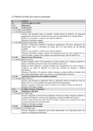 5.2 Modelo de Plano de Contas (Comentado)

1              ATIVO
1.1            ATIVO CIRCULANTE
1.1.1          Disponível
1.1.1.01       Caixa Geral
1.1.1.01.001   Caixa Matriz
1.1.1.01.002   Caixa Filial 1
               Função: são lançadas todas es entradas e saídas físicas de dinheiro. Os pequenos
               pagamentos não deverão ser feitos por ela, mas sim pelo fundo fixo, tratado abaixo.
               Debita-se na entrada e credita-se na saída de dinheiro.
               Natureza: Devedora, sempre.
1.1.1.01.100   Fundo Fixo de Caixa - Matriz
               Função: Criada para controlar os pequenos pagamentos. Não deve ultrapassar um
               determinado valor. A prestação de contas deve ser feita dentro de um período
               contábil.
               Debita-se na entrada e credita-se na saída de dinheiro.
               Natureza: Devedora, sempre. Aparece nos balancetes com um valor sempre fixo, no
               valor do fundo, porque existe sempre um responsável pelo valor do fundo fixo.
1.1.1.02       Bancos Conta Movimento
1.1.1.02.001   Banco Tal S.A.
               Função: Registra toda a movimentação na conta corrente que a empresa mantêm no
               banco. Cada Banco deverá ter uma conta analítica como esta.
               Debita-se pelos depósitos e demais entradas por lançamentos em conta corrente e
               credita-se na saída de dinheiro da conta por emissão de cheques e débitos
               automáticos.
               Natureza: Devedora.. Se aparecer credora é porque a empresa efetuou retiradas além
               dos fundos depositados, nesse caso, dever ser transferida para o Passivo.
1.1.1.03       Aplicações Financeiras de Liquidez Imediata
1.1.1.03.001   Banco Tal S.A.
               Função: são lançadas as aplicações feitas as aplicações feitas no fundo por meio do
               Banco Tal S.A., como também os resgates (baixas das aplicações).
               Debita-se quando a aplicação é feita e credita-se no resgate (retorno do dinheiro).
               Natureza: Devedora, sempre.
1.1.2          Créditos (Valores a Receber)
1.1.2.01       Duplicatas a Receber
1.1.2.01.001   Cia ABC Ltda.
               Função: Registrar as Notas Fiscais faturadas contra esse cliente. Registra também as
               eventuais devoluções e as baixas das duplicatas, quando recebidas dos clientes.
               Debita-se pela emissão da Nota Fiscal de Venda e credita-se no recebimento do título
               ou pela devolução dos bens faturados.
               Natureza: Devedora, sempre.
1.1.2.02       (-) Duplicatas Descontadas
1.1.2.02.001   (-) Cia ABC Ltda.
               Função: Registrar as duplicatas que foram descontadas e/ou negociadas junto aos
               bancos ou instituições financeiras.
 