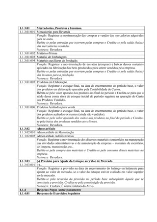 1.1.3.01     Mercadorias, Produtos e Insumos.
1.1.3.01.001 Mercadorias para Revenda
             Função: Registrar a movimentação das compras e vendas das mercadorias adquiridas
             para revenda.
             Debita-se pelas entradas que ocorrem pelas compras e Credita-se pela saída (baixa)
             das mercadorias vendidas.
             Natureza: Devedora
1.1.3.01.002 Matérias-Primas
1.1.3.01.003 Material de Embalagem.
1.1.3.01.004 Materiais auxiliares de Produção.
             Função: Registrar a movimentação de entradas (compras) e baixas desses materiais
             aplicados na fabricação dos bens produzidos para serem vendidos pela empresa.
             Debita-se pelas entradas que ocorrem pelas compras e Credita-se pela saída (baixa)
             dos insumos para a produção.
             Natureza: Devedora
1.1.3.01.005 Produtos em Elaboração
             Função: Registrar o estoque final, na data do encerramento do período base, o valor
             dos produtos em elaboração apurados pela Contabilidade de Custos.
             Debita-se pelo valor apurado dos produtos no final do período e Credita-se para que o
             saldo dessa conta sirva de estoque inicial do período seguinte na apuração do Custo
             dos Produtos Vendidos.
             Natureza: Devedora.
1.1.3.01.006 Produtos Acabados para venda
             Função: Registrar o estoque final, na data do encerramento do período base, o valor
             dos produtos acabados existentes (ainda não vendidos).
             Debita-se pelo valor apurado dos custos dos produtos no final do período e Credita-
             se pela baixa dos produtos vendidos aos clientes.
             Natureza: Devedora.
1.1.3.02     Almoxarifado
1.1.3.02.001 Almoxarifado de Manutenção
1.1.3.02.002 Almoxarifado Administrativo
             Função: Registrar a movimentação dos diversos materiais consumidos na manutenção
             das atividades administrativas e de manutenção da empresa – materiais de escritório,
             de limpeza, manutenção, etc..
             Debita-se pela compra dos materiais e Credita-se pelo consumo desses materiais na
             empresa.
             Natureza: Devedora.
1.1.3.03     (-) Provisão para Ajuste do Estoque ao Valor de Mercado
1.1.3.03.001 (-)...
             Função: Registrar a provisão na data do encerramento do balanço ou balancete para
             ajustar ao valor de mercado, se o valor do estoque estiver avaliado em valor superior
             ao de mercado.
             Debita-se pela reversão da provisão no período base subseqüente àquele que se
             constituiu a provisão. Credita-se pela constituição da provisão.
             Natureza: Credora. É conta redutora do Ativo.
1.1.4        Despesas Pagas Antecipadamente
1.1.4.01     Despesas de Exercícios Seguintes
 