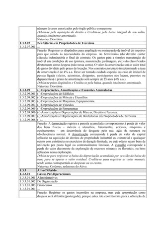número de anos autorizados pelo órgão público competente.
               Debita-se pela aquisição do direito e Credita-se pela baixa integral do seu saldo,
               quando totalmente amortizado.
               Natureza: Devedora.
1.3.2.07       Benfeitorias em Propriedades de Terceiros
1.3.2.07.001   ...
               Função: Registrar os dispêndios para ampliação ou restauração de imóvel de terceiros
               para que atenda às necessidades da empresa. As benfeitorias não deverão conter
               cláusula indenizatória o final do contrato. Os gastos para a simples manutenção do
               imóvel em condições de uso (pintura, manutenção, jardinagem, etc.) são classificados
               diretamente como despesa (não nessa conta). O valor da amortização será o valor total
               do gasto dividido pelo prazo de locação. Nos contratos por prazo intederminado a taxa
               de amortização é de 4% a.a. Deve ser tomado cuidado especial no caso de imóvel de
               pessoa ligada (sócios, acionistas, dirigentes, participantes nos lucros, parentes ou
               dependentes) o prazo de amortização será sempre de 25 anos (4% a.a.).
               Debita-se pelos dispêndios e Credita-se pela baixa, quando totalmente amortizado.
               Natureza: Devedora
1.3.2.09       (-) Depreciações, Amortizações e Exaustões Acumuladas
1.3.2.09.001   (-) Depreciações de Edifícios
1.3.2.09.002   (-) Depreciações de Móveis e Utensílios
1.3.2.09.003   (-) Depreciações de Máquinas, Equipamentos.
1.3.2.09.004   (-) Depreciações de Veículos
1.3.2.09.005   (-) Depreciações de Ferramentas
1.3.2.09.006   (-) Amortizações e Depreciações de Marcas, Direitos e Patentes.
1.3.2.09.007   (-) Amortizações e Depreciações de Benfeitorias em Propriedades de Terceiros
1.3.2.09.008   (-)...
               Função: A depreciação registra a parcela acumulada correspondente à perda do valor
               dos bens físicos – móveis e utensílios, ferramentas, veículos, máquinas e
               equipamentos – em decorrência do desgaste pelo uso, ação da natureza ou
               obsolescência normal. A Amortização corresponde à perda do valor do capital
               aplicado na aquisição de direitos de propriedade industrial ou comercial e quaisquer
               outros com existência ou exercícios de duração limitada, ou cujo objeto sejam bens de
               utilização por prazo legal ou contratualmente limitado. A exaustão corresponde à
               perda do valor decorrente da exploração de recursos minerais ou florestais, ou bens
               aplicados nessa exploração.
               Debita-se para registrar a baixa da depreciação acumulada por ocasião da baixa do
               bem, para se apurar o valor residual. Credita-se para registrar as cotas mensais,
               tendo como contrapartida as despesas ou os custos.
               Natureza: Credoras, redutoras do Ativo.
1.3.3          Ativo Diferido
1.3.3.01       Gastos Pré-Operacionais
1.3.3.01.001   Administrativos
1.3.3.01.002   De Organização
1.3.3.01.003   Financeiros
1.3.3.01.004   ...
               Função: Registrar os gastos incorridos na empresa, mas cuja apropriação como
               despesa será diferida (postergada), porque estes não contribuíram para a obtenção de
 