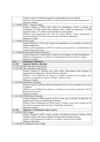 Função: registrar o INSS descontado dos empregados para ser recolhido.
               Debita-se pelo pagamento da GPS e Credita-se na provisão da folha de pagamento.
               Natureza: credora
2.1.3.04.002   INSS – Empresa a Pagar
               Função: registrar o INSS, pelo regime de competência, relativo à parcela da
               conribuição ao INSS devida pela empresa sobre a folha de pagamento. O INSS
               incidente sobre o 13º e Férias é provisionado em conta própria.
               Debita-se pelo pagamento, pelo valor do salário família, salário maternidade e
               auxílio natalidade e Credita-se pela provisão da folha de pagamento.
               Natureza: Credora
2.1.3.04.003   FGTS a pagar
               Função: Registrar o FGTS, pelo regime de competência, a ser recolhido com base na
               folha de pagamento.
               Debita-se pelo pagamento do FGTS e Credita-se pela provisão, a contrapartida será
               conta de despesa ou custo.
2.1.3.04.004   Contribuição Sindical a Recolher
               Função: Registrar as contribuições a sindicatos, descontados na folha de pagamento.
               Debita-se no pagamento e credita-se na transferência da conta salários a pagar.
               Natureza: Credora.
2.1.4          Obrigações Tributárias
2.1.4.01       Impostos Retidos a Recolher
2.1.4.01.001   IRF a Recolher (retido de PF)
2.1.3.01.002   IRF a Recolher (retido de PJ)
               Função: registrar os impostos que foram retidos (descontados) pela empresa no
               pagamento de rendimentos a Pessoas Físicas e Jurídicas
               Debita-se no recolhimento do imposto e Credita-se quando foi descontado, para
               registrar a obrigação da empresa recolher o imposto retido.
               Natureza: Credora.
2.1.4.01.003   ISS Retido a Recolher.
               Função: registrar o ISS descontado no pagamento dos serviços prestados por terceiros
               a empresa.
               Debita-se no recolhimento do imposto e Credita-se no desconto realizado na NF do
               fornecedor do serviço.
               Natureza: Credora
2.1.4.01.004   ICMS Retido a Recolher
               Função: Registrar o ICMS retido nas NF de Venda, que foi cobrado do adquirente do
               produto pelo sistema de Substituição Tributária.
               Debita-se pelo recolhimento do ICMS retido e Credita-se pelo valor cobrado na NF
               de Venda em contrapartida da conta 412 (dedução da Receita).
               Natureza: Credora
2.1.4.02       Impostos e Contribuições sobre o Lucro
2.1.4.02.001   IRPJ a pagar
               Função: Registrar o IRPJ a pagar, apurado em balancete mensal ou balanço anual.
               Também registra o IR sobre os ganhos nas aplicações de renda variável.
               Debita-se pelo pagamento do Imposto e Credita-se pela provisão do IRPJ.
               Natureza: Devedora.
2.1.4.02.002   Contribuição Social a Pagar
 