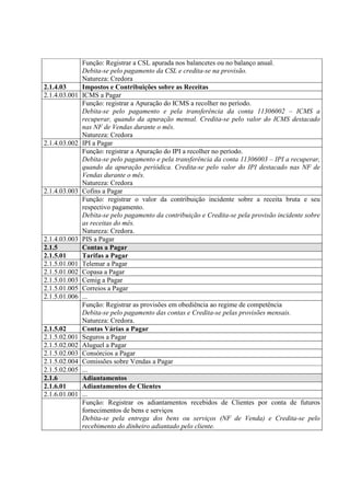 Função: Registrar a CSL apurada nos balancetes ou no balanço anual.
               Debita-se pelo pagamento da CSL e credita-se na provisão.
               Natureza: Credora
2.1.4.03       Impostos e Contribuições sobre as Receitas
2.1.4.03.001   ICMS a Pagar
               Função: registrar a Apuração do ICMS a recolher no período.
               Debita-se pelo pagamento e pela transferência da conta 11306002 – ICMS a
               recuperar, quando da apuração mensal. Credita-se pelo valor do ICMS destacado
               nas NF de Vendas durante o mês.
               Natureza: Credora
2.1.4.03.002   IPI a Pagar
               Função: registrar a Apuração do IPI a recolher no período.
               Debita-se pelo pagamento e pela transferência da conta 11306003 – IPI a recuperar,
               quando da apuração periódica. Credita-se pelo valor do IPI destacado nas NF de
               Vendas durante o mês.
               Natureza: Credora
2.1.4.03.003   Cofins a Pagar
               Função: registrar o valor da contribuição incidente sobre a receita bruta e seu
               respectivo pagamento.
               Debita-se pelo pagamento da contribuição e Credita-se pela provisão incidente sobre
               as receitas do mês.
               Natureza: Credora.
2.1.4.03.003   PIS a Pagar
2.1.5          Contas a Pagar
2.1.5.01       Tarifas a Pagar
2.1.5.01.001   Telemar a Pagar
2.1.5.01.002   Copasa a Pagar
2.1.5.01.003   Cemig a Pagar
2.1.5.01.005   Correios a Pagar
2.1.5.01.006   ...
               Função: Registrar as provisões em obediência ao regime de competência
               Debita-se pelo pagamento das contas e Credita-se pelas provisões mensais.
               Natureza: Credora.
2.1.5.02       Contas Várias a Pagar
2.1.5.02.001   Seguros a Pagar
2.1.5.02.002   Aluguel a Pagar
2.1.5.02.003   Consórcios a Pagar
2.1.5.02.004   Comissões sobre Vendas a Pagar
2.1.5.02.005   ...
2.1.6          Adiantamentos
2.1.6.01       Adiantamentos de Clientes
2.1.6.01.001   ...
               Função: Registrar os adiantamentos recebidos de Clientes por conta de futuros
               fornecimentos de bens e serviços
               Debita-se pela entrega dos bens ou serviços (NF de Venda) e Credita-se pelo
               recebimento do dinheiro adiantado pelo cliente.
 