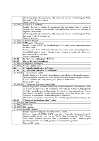 Debita-se pela transferência para a ARE no final do período e credita-se pelas Notas
               Fiscais de Vendas dos produtos.
               Natureza: Credora
3.1.1.01.002   Revenda de Mercadorias
               Função: Registrar as vendas de mercadorias. São registradas todas as vendas de
               mercadorias – à vista e a prazo. O valor registrado é o faturamento bruto, incluindo os
               impostos e abatimentos.
               Debita-se pela transferência para a ARE no final do período e credita-se pelas Notas
               Fiscais de Vendas de mercadorias.
               Natureza: Credora
3.1.1.01.003   Vendas de Serviços
3.1.1.01.004   ICMS retido s/faturamento
               Função: registrar o ICMS que foi cobrado por ST do adquirente do produto que consta
               na NF de venda.
               Credita-se pelo ICMS retido constante das NF de saídas, tendo como contrapartida à
               conta ICMS retido a pagar, e Credita-se por eventuais devoluções do cliente e no
               encerramento do período base.
               Natureza: Devedora
3.1.1.02       Receitas com Vendas para o Exterior
3.1.1.03       Outras Receitas Operacionais
3.1.1.03.001   Recuperação de Despesas
3.1.1.03.002   Reversão de Provisões
3.1.2          (-) Deduções das Receitas de Vendas
3.1.2.01       (-) Devoluções, Descontos e Abatimentos.
3.1.2.01.001   (-) Devoluções de Vendas
               Função: Registrar as devoluções de produtos ou mercadorias vendidas pela empresa.
               Debita-se pelo recebimento das Notas Fiscais de devolução emitidas pelos clientes e
               Credita-se apenas pela transferência para apuração do resultado.
               Natureza: Devedora
3.1.2.01.001   (-) Descontos a Abatimentos Concedidos
               Função: registrar os descontos concedidos incondicionalmente concedidos na venda
               de produtos ou mercadorias. Os abatimentos concedidos ao cliente que, logo após ter
               recebido a mercadoria ou produto, queira devolve-lo por estar em desacordo com as
               especificações do pedido, ou seja, o abatimento que é concedido apenas para evitar a
               devolução da mercadoria, também sra registrado nessa conta.
               Debita-se na concessão do desconto na NF e Credita-se pela transferência para ARE.
3.1.2.02       Tributos e Contribuições sobre Vendas
3.1.2.02.001   ICMS s/Vendas
3.2.2.02.002   IPI s/Vendas
3.1.2.02.003   PIS s/Vendas
3.1.2.02.004   COFINS s/Vendas
               Função: registrar os impostos incidentes sobre as vendas.
               Debita-se, no caso do ICMS e do IPI, pelos valores destacados nas Notas Fiscais de
               Vendas emitidas no mês, e no caso do PIS (1,65% ou 0,65%) e do COFINS (3%) o
               valor dessas alíquotas aplicadas sobre o faturamento do mês. Credita-se pela
               transferência para a conta ARE, quando do encerramento do período.
               Natureza: Devedora
 
