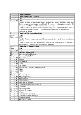 3.2            Custo das Vendas
3.2.1          Custo dos Produtos Vendidos
3.2.1.01       CPV
3.2.1.01.001   CPV
               Função: Registrar o custo dos produtos vendidos. Os valores debitados nessa conta
               devem aqueles apurados pela contabilidade de custos, ou seja, apenas os custos dos
               produtos já vendidos deverão ser registrados nessa conta.
               Debita-se pelo valor das baixas dos produtos vendidos, a contrapartida é a conta de
               estoque de produtos acabados e Credita-se pela transferência do Saldo para a ARE.
               Natureza: Devedora
3.2.2          Custo das Mercadorias Vendidas
3.2.2.01       CMV
3.2.2.01.001   CMV
               Função: Registra o custo de aquisição das mercadorias que já foram vendidas no
               período.
               Debita-se pela baixa das mercadorias vendidas em contrapartida de estoque de
               mercadorias e Credita-se pela transferência para ARE.
3.2.3          Custo dos Serviços Prestados
3.2.3.01       CSP
3.2.3.01.001   CSP
3.3            Despesas Operacionais
3.3.1          Despesas Administrativas
3.3.1.01       Despesas Trabalhistas
3.3.1.01.001   Pró-Labore
3.3.1.01.002   Salários
3.3.1.01.003   Horas Extras
3.3.1.01.004   Férias
3.3.1.01.005   13º Salário
3.3.1.01.006   Aviso prévio e indenizações trabalhistas
3.3.1.01.007   INSS
3.3.1.01.008   FGTS
3.3.1.01.009   …
3.3.1.02       Despesas Gerais
3.3.1.02.001   Alugueis passivos
3.3.1.02.002   Água e esgoto
3.3.1.02.003   Energia Elétrica
3.3.1.02.004   Telefone, fax, internet.
3.3.1.02.005   Consumo de material de escritório
3.3.1.02.006   Condução
3.3.1.02.007   Correios e Malote
3.3.1.02.008   Material de Limpeza
3.3.1.02.009   Viagens
3.3.1.02.010   Manutenção e conservação
3.3.1.02.011   Depreciações e Amortizações
3.3.1.02.012   Fretes e Carretos
3.3.1.02.013   Assistência Médica
 