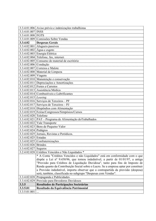 3.3.4.01.006 Aviso prévio e indenizações trabalhistas
3.3.4.01.007 INSS
3.3.4.01.008 FGTS
3.3.4.01.009 Comissões Sobre Vendas
3.3.4.02     Despesas Gerais
3.3.4.02.001 Alugueis passivos
3.3.4.02.002 Água e esgoto
3.3.4.02.003 Energia Elétrica
3.3.4.02.004 Telefone, fax, internet.
3.3.4.02.005 Consumo de material de escritório
3.3.4.02.006 Condução
3.3.4.02.007 Correios e Malote
3.3.4.02.008 Material de Limpeza
3.3.4.02.009 Viagens
3.3.4.02.010 Manutenção e conservação
3.3.4.02.011 Depreciações e Amortizações
3.3.4.02.012 Fretes e Carretos
3.3.4.02.013 Assistência Médica
3.3.4.02.014 Combustíveis e Lubrificantes
3.3.4.02.015 Leasing
3.3.4.02.016 Serviços de Terceiros – PF
3.3.4.02.017 Serviços de Terceiros – PJ
3.3.4.02.018 Dispêndios com Alimentação
3.3.4.02.019 Feiras/Congressos/Simpósios/Cursos
3.3.4.02.020 Telefone
3.3.4.02.021 PAT – Programa de Alimentação doTrabalhados
3.3.4.02.022 Vale Transporte
3.3.4.02.023 Bens de Pequeno Valor
3.3.4.02.024 Pedágios
3.3.4.02.025 Jornais, Revistas e Peródicos.
3.3.4.02.025 Estadas
3.3.4.02.025 Confraternizações
3.3.4.02.026 Brindes
3.3.4.02.027 Seguros
3.2.4.02.028 Créditos Vencidos e Não Liquidados *
             * A Conta "Créditos Vencidos e não Liquidados" está em conformidade com o que
             dispõe a Lei nº 9.430/96, que tornou indedutível, a partir de 01/01/97, a antiga
             "Provisão para Créditos de Liquidação Duvidosa", tanto para fins de Imposto de
             Renda quanto da Contribuição Social sobre o Lucro. Se a empresa optar por constituir
             a Provisão indedutível, importa observar que a contrapartida da provisão (despesa)
             será, também, classificada no subgrupo "Despesas com Vendas".
3.3.4.02.028 Propaganda e Publicidades
3.3.4.02.029 Provisão para Devedores Duvidosos
3.3.5        Resultados de Participações Societárias
3.3.5.01     Resultado da Equivalência Patrimonial
3.3.5.01.001 ...
 