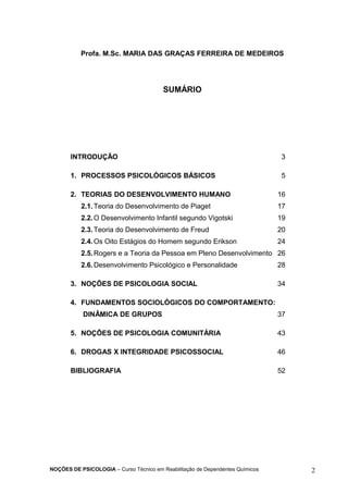 Profa. M.Sc. MARIA DAS GRAÇAS FERREIRA DE MEDEIROS 
SUMÁRIO 
INTRODUÇÃO 3 
1. PROCESSOS PSICOLÓGICOS BÁSICOS 5 
2. TEORIAS DO DESENVOLVIMENTO HUMANO 16 
2.1.Teoria do Desenvolvimento de Piaget 17 
2.2.O Desenvolvimento Infantil segundo Vigotski 19 
2.3.Teoria do Desenvolvimento de Freud 20 
2.4.Os Oito Estágios do Homem segundo Erikson 24 
2.5.Rogers e a Teoria da Pessoa em Pleno Desenvolvimento 26 
2.6.Desenvolvimento Psicológico e Personalidade 28 
3. NOÇÕES DE PSICOLOGIA SOCIAL 34 
4. FUNDAMENTOS SOCIOLÓGICOS DO COMPORTAMENTO: 
DINÂMICA DE GRUPOS 37 
5. NOÇÕES DE PSICOLOGIA COMUNITÁRIA 43 
6. DROGAS X INTEGRIDADE PSICOSSOCIAL 46 
BIBLIOGRAFIA 52 
NOÇÕES DE PSICOLOGIA – Curso Técnico em Reabilitação de Dependentes Químicos 2 
 