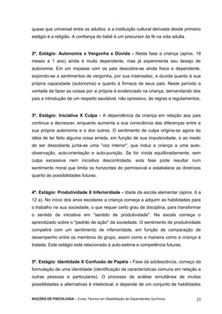 quase que universal entre os adultos, e a instituição cultural derivada desde primeiro 
estágio é a religião. A confiança do bebê é um precursor da fé na vida adulta. 
2º. Estágio: Autonomia x Vergonha e Dúvida - Nesta fase a criança (aprox. 18 
meses a 1 ano) ainda é muito dependente, mas já experimenta seu desejo de 
autonomia. Em um impasse com os pais descobre-se ainda fraca e dependente, 
expondo-se a sentimentos de vergonha, por sua insensatez, e duvida quanto à sua 
própria capacidade (autonomia) e quanto à firmeza de seus pais. Neste período a 
vontade de fazer as coisas por si própria é evidenciado na criança, demandando dos 
pais a introdução de um respeito saudável, não opressivo, às regras e regulamentos. 
3º. Estágio: Iniciativa X Culpa - A dependência da criança em relação aos pais 
continua a decrescer, enquanto aumenta a sua consciência das diferenças entre a 
sua própria autonomia e a dos outros. O sentimento de culpa origina-se agora da 
idéia de ter feito alguma coisa errada, em função de sua impulsividade, e ao medo 
de ser descoberta junta-se uma "voz interior", que induz a criança a uma auto-observação, 
auto-orientação e auto-punição. Se for vivida equilibradamente, sem 
culpa excessiva nem iniciativa descontrolada, esta fase pode resultar num 
sentimento moral que limita os horizontes do permissível e estabelece as diretrizes 
quanto às possibilidades futuras. 
4º. Estágio: Produtividade X Inferioridade - Idade da escola elementar (aprox. 6 a 
12 a). No início dos anos escolares a criança começa a adquirir as habilidades para 
o trabalho na sua sociedade, o que requer certo grau de disciplina, para transformar 
o sentido de iniciativa em "sentido de produtividade". Na escola começa o 
aprendizado sobre o "padrão de ação" da sociedade. O sentimento de produtividade 
competirá com um sentimento de inferioridade, em função de comparação de 
desempenho entre os membros do grupo, assim como a maneira como a criança é 
tratada. Este estágio está relacionado à auto-estima e competência futuras. 
5º. Estágio: Identidade X Confusão de Papéis - Fase da adolescência, começo da 
formulação de uma identidade (identificação de características comuns em relação a 
outras pessoas e particulares). O processo de análise simultânea de muitas 
possiblidades e alternativas é intelectual, e depende de um conjunto de habilidades 
NOÇÕES DE PSICOLOGIA – Curso Técnico em Reabilitação de Dependentes Químicos 25 
 