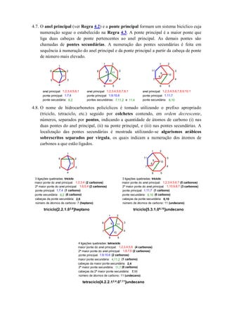 4.7. O anel principal (ver Regra 4.2) e a ponte principal formam um sistema bicíclico cuja
numeração segue o estabelecido na Regra 4.3. A ponte principal é a maior ponte que
liga duas cabeças de ponte pertencentes ao anel principal. As demais pontes são
chamadas de pontes secundárias. A numeração das pontes secundárias é feita em
sequência à numeração do anel principal e da ponte principal a partir da cabeça de ponte
de número mais elevado.
4.8. O nome de hidrocarbonetos policíclicos é tomado utilizando o prefixo apropriado
(triciclo, tetraciclo, etc.) seguido por colchetes contendo, em ordem decrescente,
números, separados por pontos, indicando a quantidade de átomos de carbono (i) nas
duas pontes do anel principal, (ii) na ponte principal, e (iii) nas pontes secundárias. A
localização das pontes secundárias é mostrada utilizando-se algarismos arábicos
sobrescritos separados por vírgula, os quais indicam a numeração dos átomos de
carbonos a que estão ligados.
1
2
3
4
5
6
7
anel principal:
ponte principal:
ponte secundária:
1,2,3,4,5,6,1
1,7,4
6,2
1 2
3
4
56
7
8 9
10
11
anel principal:
ponte principal:
pontes secundárias:
1,2,3,4,5,6,7,8,1
1,9,10,6
7,11,2 e 11,4
1 2
3
4
56
7
8
9
10
11
anel principal:
ponte principal:
ponte secundária:
1,2,3,4,5,6,7,8,9,10,1
1,11,7
6,10
1
2
3
4
5
6
7
maior ponte do anel principal:
ponte principal:
ponte secundária:
1,2,3,4
1,7,4
6,2
1 2
3
4
56
7
8 9
10
11
1 2
3
4
56
7
8
9
10
11
(2 carbonos)
2ª maior ponte do anel principal: 1,6,5,4 (2 carbonos)
(1 carbono)
(0 carbono)
cabeças da ponte secundária: 2,6
triciclo[2.2.1.02,6]heptano
número de átomos de carbono: 7 (heptano)
3 ligações quebradas: triciclo
maior ponte do anel principal:
ponte principal:
maior ponte secundária:
1,2,3,4,5,6
1,9,10,6
4,11,2
(4 carbonos)
2ª maior ponte do anel principal: 1,8,7,6 (2 carbonos)
(2 carbonos)
(1 carbono)
cabeças da maior ponte secundária: 2,4
tetraciclo[4.2.2.12,4.07,11]undecano
número de átomos de carbono: 11 (undecano)
4 ligações quebradas: tetraciclo
2ª maior ponte secundária: 11,7 (0 carbono)
cabeças da 2ª maior ponte secundária: 7,11
maior ponte do anel principal:
ponte principal:
ponte secundária:
1,2,3,4,5,6,7
1,11,7
6,10
(5 carbonos)
2ª maior ponte do anel principal: 1,10,9,8,7 (3 carbonos)
(1 carbono)
(0 carbono)
cabeças da ponte secundária: 6,10
triciclo[5.3.1.06,10]undecano
número de átomos de carbono: 11 (undecano)
3 ligações quebradas: triciclo
 