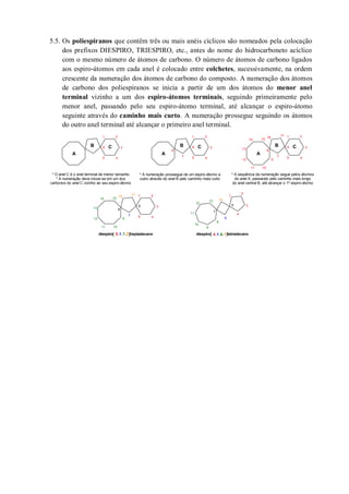 5.5. Os poliespiranos que contêm três ou mais anéis cíclicos são nomeados pela colocação
dos prefixos DIESPIRO, TRIESPIRO, etc., antes do nome do hidrocarboneto acíclico
com o mesmo número de átomos de carbono. O número de átomos de carbono ligados
aos espiro-átomos em cada anel é colocado entre colchetes, sucessivamente, na ordem
crescente da numeração dos átomos de carbono do composto. A numeração dos átomos
de carbono dos poliespiranos se inicia a partir de um dos átomos do menor anel
terminal vizinho a um dos espiro-átomos terminais, seguindo primeiramente pelo
menor anel, passando pelo seu espiro-átomo terminal, até alcançar o espiro-átomo
seguinte através do caminho mais curto. A numeração prossegue seguindo os átomos
do outro anel terminal até alcançar o primeiro anel terminal.
11
12
A
B C
1 2
3
45
6
* O anel C é o anel terminal de menor tamanho
* A numeração deve iniciar-se em um dos
carbonos do anel C vizinho ao seu espiro-átomo
A
B C
1 2
3
45
6
* A numeração prossegue de um espiro-átomo a
outro através do anel B pelo caminho mais curto
7
8
A
B C
1 2
3
45
6
7
8
9
10
13
14 15
16
17
* A sequência da numeração segue pelos átomos
do anel A, passando pelo caminho mais longo
do anel central B, até alcançar o 1º espiro-átomo
11
12
1 2
3
45
6
7
8
9
10
13
14 15
16
17
5 1 7 2.diespiro[ . . ]heptadecano
11
12
1
2
3
4
5
6
7
8
9
10
13 14
4 1 6 1.diespiro[ . . ]tetradecano
 