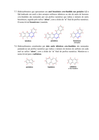 7.7. Hidrocarbonetos que apresentam um anel benzênico orto-fundido nas posições 1,2 e
3,4 (indicado em azul) a dois arranjos retilíneos idênticos ou não de anéis de benzeno
orto-fundidos são nomeados por um prefixo numérico que indica o número de anéis
benzênicos, seguido pelo sufixo “afeno”, com a elisão do “a” final do prefixo numérico.
O nome trivial fenantreno é mantido.
7.8. Hidrocarbonetos constituídos por dois anéis idênticos orto-fundidos são nomeados
juntando-se um prefixo numérico que indica o número de átomos de carbono em cada
anel ao sufixo “aleno”, com a elisão do “a” final do prefixo numérico. Mantém-se o
nome trivial para o naftaleno.
tetrafeno fenantreno
(exceção)
pentafeno
1
2
4
6
3
5
78
9
10
11 12
1
2
4
6
3
5
789
10
11
13
14
12
1
2
4
6
3
5 7
8
9
10
1
2
4
6
3
5
pentaleno heptaleno naftaleno
e não hexaleno
1
2
4
6
3
5
7
8
9
10
1
2
4
6 3
5
7
8
 