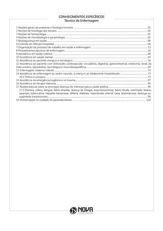 CONHECIMENTOS ESPECÍFICOS
Técnico de Enfermagem
1 Noções gerais de anatomia e fisiologia humana.....................................................................................................................................01
2 Noções de histologia dos tecidos..................................................................................................................................................................01
3 Noções de farmacologia....................................................................................................................................................................................01
4 Noções de microbiologia e parasitologia...................................................................................................................................................01
5 Biossegurança em saúde...................................................................................................................................................................................06
6 Controle de infecção hospitalar......................................................................................................................................................................06
7 Organização do processo de trabalho em saúde e enfermagem..
....................................................................................................13
8 Procedimentos técnicos de enfermagem..
..................................................................................................................................................16
9 Assistência em saúde coletiva..
........................................................................................................................................................................46
10 Assistência em saúde mental..
.......................................................................................................................................................................47
11 Assistência ao paciente cirúrgico e oncológico..
....................................................................................................................................54
12 Assistência ao paciente com disfunções cardiovascular, circulatória, digestiva, gastrointestinal, endócrina, renal, do
trato urinário, reprodutiva, neurológica e musculoesquelética..
............................................................................................................69
13 Enfermagem materno-infantil.......................................................................................................................................................................73
14 Assistência de enfermagem ao recém-nascido, à criança e ao adolescente hospitalizado..
................................................73
14.1 Clínico e cirúrgico..
....................................................................................................................................................................................73
15 Assistência na emergência/urgência e no trauma................................................................................................................................97
16 Assistência em terapia intensiva..
.................................................................................................................................................................99
17 Noções básicas sobre as principais doenças de interesse para a saúde pública......................................................................99
17.1 Diarreia, cólera, dengue, febre amarela, doença de Chagas, esquistossomose, febre tifoide, meningite, tétano,
sarampo, tuberculose, hepatite hanseníase, difteria, diabetes, hipertensão arterial, raiva, leishmaniose, doenças se-
xualmente transmissíveis.................................................................................................................................................................................99
19 Humanização no cuidado do paciente/cliente.....................................................................................................................................118
 