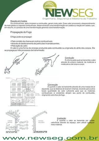 www.newseg.com.br
O fogo pode se propagar:
• Pelo contato da chama em outros combustíveis;
•Através do deslocamento de partículas incandescentes;
• Pela ação do calor.
O calor é uma forma de energia produzida pela combustão ou originada do atrito dos corpos. Ele
se propaga por três processos de transmissão:
Reação em Cadeia
Os combustíveis, após iniciarem a combustão, geram mais calor. Esse calor provocará o desprendimento
de mais gases ou vapores combustíveis, desenvolvendo uma transformação em cadeia ou reação em cadeia, que,
em resumo, é o produto de uma transformação gerando outra transformação.
Propagação do Fogo
Convecção
É quando o calor se transmite através de uma massa de ar
aquecida, que se desloca do local em chamas, levando para outros
locais quantidade de calor suficiente para que os materiais
combustíveis aí existentes atinjam seu ponto de combustão,
originando outro foco de fogo.
Irradiação
É quando o calor se transmite por ondas
caloríficas através do espaço, sem utilizar qualquer
meio material.
Condução
É a forma pela qual se transmite o calor
através do próprio material, de molécula a
molécula ou de corpo a corpo.
 