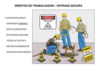 DIREITOS DO TRABALHADOR – ENTRADA SEGURA
 ENTRAR EM ESPAÇO
CONFINADO SOMENTE
APÓS O SUPERVISOR
DE ENTRADA REALIZAR
TODOS OS TESTES E
ADOTAR AS MEDIDAS DE
CONTROLE NECESSÁRIAS.
 