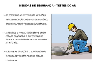 MEDIDAS DE SEGURANÇA – TESTES DO AR
 OS TESTES DO AR INTERNO SÃO MEDIÇÕES
PARA VERIFICAÇÃO DOS NÍVEIS DE OXIGÊNIO,
GASES E VAPORES TÓXICOS E INFLAMÁVEIS.
 ANTES QUE O TRABALHADOR ENTRE EM UM
ESPAÇO CONFINADO, O SUPERVISOR DE
ENTRADA DEVE REALIZAR TESTES INICIAIS DO
AR INTERNO.
 DURANTE AS MEDIÇÕES, O SUPERVISOR DE
ENTRADA DEVE ESTAR FORA DO ESPAÇO
CONFINADO.
 