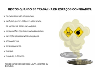 RISCOS QUANDO SE TRABALHA EM ESPAÇOS CONFINADOS:
 FALTA OU EXCESSO DE OXIGÊNIO.
 INCÊNDIO OU EXPLOSÃO, PELA PRESENÇA
DE VAPORES E GASES INFLAMÁVEIS.
 INTOXICAÇÕES POR SUBSTÂNCIAS QUÍMICAS.
 INFECÇÕES POR AGENTES BIOLÓGICOS.
 AFOGAMENTOS.
 SOTERRAMENTOS.
 QUEDAS.
 CHOQUES ELÉTRICOS.
TODOS ESTES RISCOS PODEM LEVAR A MORTES OU
DOENÇAS.
 