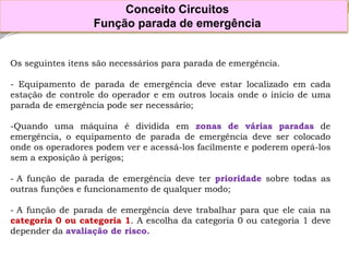 Osseguintesitenssãonecessáriosparaparadadeemergência. 
-Equipamentodeparadadeemergênciadeveestarlocalizadoemcadaestaçãodecontroledooperadoreemoutroslocaisondeoiníciodeumaparadadeemergênciapodesernecessário; 
-Quandoumamáquinaédivididaemzonasdeváriasparadasdeemergência,oequipamentodeparadadeemergênciadevesercolocadoondeosoperadorespodemvereacessá-losfacilmenteepoderemoperá-lossemaexposiçãoàperigos; 
-Afunçãodeparadadeemergênciadeveterprioridadesobretodasasoutrasfunçõesefuncionamentodequalquermodo; 
-Afunçãodeparadadeemergênciadevetrabalharparaqueelecaianacategoria0oucategoria1.Aescolhadacategoria0oucategoria1devedependerdaavaliaçãoderisco. 
Conceito Circuitos 
Função parada de emergência  