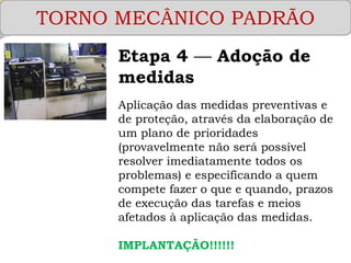 TORNO MECÂNICO PADRÃO 
Etapa 4 —Adoção de medidas 
Aplicação das medidas preventivas e de proteção, através da elaboração de um plano de prioridades (provavelmente não será possível resolver imediatamente todos os problemas) e especificando a quem compete fazer o que e quando, prazos de execução das tarefas e meios afetados à aplicação das medidas. 
IMPLANTAÇÃO!!!!!!  