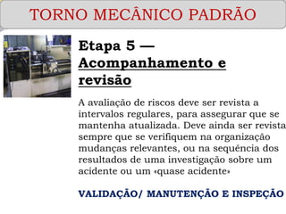 TORNO MECÂNICO PADRÃO 
Etapa 5 — Acompanhamento e 
revisão 
A avaliação de riscos deve ser revista a intervalos regulares, para assegurar que se mantenha atualizada. Deve ainda ser revista sempre que se verifiquem na organização mudanças relevantes, ou na sequência dos resultados de uma investigação sobre um acidente ou um «quase acidente» 
VALIDAÇÃO/ MANUTENÇÃO E INSPEÇÃO  