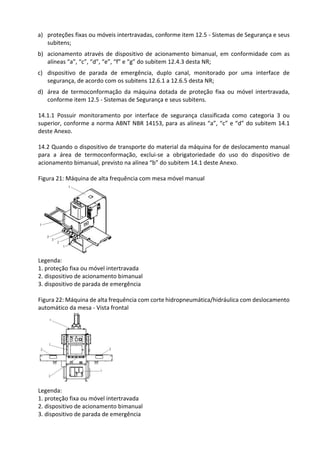 a) proteções fixas ou móveis intertravadas, conforme item 12.5 - Sistemas de Segurança e seus
subitens;
b) acionamento através de dispositivo de acionamento bimanual, em conformidade com as
alíneas “a”, “c”, “d”, “e”, “f” e “g” do subitem 12.4.3 desta NR;
c) dispositivo de parada de emergência, duplo canal, monitorado por uma interface de
segurança, de acordo com os subitens 12.6.1 a 12.6.5 desta NR;
d) área de termoconformação da máquina dotada de proteção fixa ou móvel intertravada,
conforme item 12.5 - Sistemas de Segurança e seus subitens.
14.1.1 Possuir monitoramento por interface de segurança classificada como categoria 3 ou
superior, conforme a norma ABNT NBR 14153, para as alíneas “a”, “c” e “d” do subitem 14.1
deste Anexo.
14.2 Quando o dispositivo de transporte do material da máquina for de deslocamento manual
para a área de termoconformação, exclui-se a obrigatoriedade do uso do dispositivo de
acionamento bimanual, previsto na alínea “b” do subitem 14.1 deste Anexo.
Figura 21: Máquina de alta frequência com mesa móvel manual
Legenda:
1. proteção fixa ou móvel intertravada
2. dispositivo de acionamento bimanual
3. dispositivo de parada de emergência
Figura 22: Máquina de alta frequência com corte hidropneumática/hidráulica com deslocamento
automático da mesa - Vista frontal
Legenda:
1. proteção fixa ou móvel intertravada
2. dispositivo de acionamento bimanual
3. dispositivo de parada de emergência
 