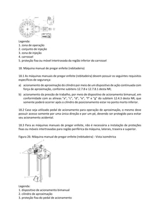 Legenda:
1. zona de operação
2. conjunto de injeção
3. zona de injeção
4. carrossel
5. proteção fixa ou móvel intertravada da região inferior do carrossel
18. Máquina manual de pregar enfeite (rebitadeira)
18.1 As máquinas manuais de pregar enfeite (rebitadeira) devem possuir os seguintes requisitos
específicos de segurança:
a) acionamento de aproximação do cilindro por meio de um dispositivo de ação continuada com
força de aproximação, conforme subitens 12.7.8 e 12.7.8.1 desta NR;
b) acionamento da pressão de trabalho, por meio de dispositivo de acionamento bimanual, em
conformidade com as alíneas “a”, “c”, “d”, “e”, “f” e “g” do subitem 12.4.3 desta NR, que
somente poderá ocorrer após o cilindro de posicionamento estar no ponto morto inferior.
18.2 Caso seja utilizado pedal de acionamento para operação de aproximação, o mesmo deve
possuir acesso somente por uma única direção e por um pé, devendo ser protegido para evitar
seu acionamento acidental.
18.3 Para as máquinas manuais de pregar enfeite, não é necessária a instalação de proteções
fixas ou móveis intertravadas para região periférica da máquina, laterais, traseira e superior.
Figura 26: Máquina manual de pregar enfeite (rebitadeira) - Vista isométrica
Legenda:
1. dispositivo de acionamento bimanual
2. cilindro de aproximação
3. proteção fixa do pedal de acionamento
 