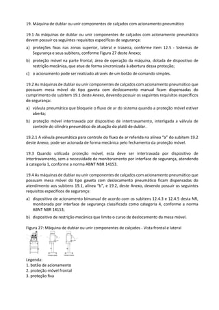 19. Máquina de dublar ou unir componentes de calçados com acionamento pneumático
19.1 As máquinas de dublar ou unir componentes de calçados com acionamento pneumático
devem possuir os seguintes requisitos específicos de segurança:
a) proteções fixas nas zonas superior, lateral e traseira, conforme item 12.5 - Sistemas de
Segurança e seus subitens, conforme Figura 27 deste Anexo;
b) proteção móvel na parte frontal, área de operação da máquina, dotada de dispositivo de
restrição mecânica, que atue de forma sincronizada à abertura dessa proteção;
c) o acionamento pode ser realizado através de um botão de comando simples.
19.2 As máquinas de dublar ou unir componentes de calçados com acionamento pneumático que
possuam mesa móvel do tipo gaveta com deslocamento manual ficam dispensadas do
cumprimento do subitem 19.1 deste Anexo, devendo possuir os seguintes requisitos específicos
de segurança:
a) válvula pneumática que bloqueie o fluxo de ar do sistema quando a proteção móvel estiver
aberta;
b) proteção móvel intertravada por dispositivo de intertravamento, interligada a válvula de
controle do cilindro pneumático de atuação do platô de dublar.
19.2.1 A válvula pneumática para controle do fluxo de ar referida na alínea “a” do subitem 19.2
deste Anexo, pode ser acionada de forma mecânica pelo fechamento da proteção móvel.
19.3 Quando utilizada proteção móvel, esta deve ser intertravada por dispositivo de
intertravamento, sem a necessidade de monitoramento por interface de segurança, atendendo
à categoria 1, conforme a norma ABNT NBR 14153.
19.4 As máquinas de dublar ou unir componentes de calçados com acionamento pneumático que
possuam mesa móvel do tipo gaveta com deslocamento pneumático ficam dispensadas do
atendimento aos subitens 19.1, alínea “b”, e 19.2, deste Anexo, devendo possuir os seguintes
requisitos específicos de segurança:
a) dispositivo de acionamento bimanual de acordo com os subitens 12.4.3 e 12.4.5 desta NR,
monitorada por interface de segurança classificada como categoria 4, conforme a norma
ABNT NBR 14153;
b) dispositivo de restrição mecânica que limite o curso de deslocamento da mesa móvel.
Figura 27: Máquina de dublar ou unir componentes de calçados - Vista frontal e lateral
Legenda:
1. botão de acionamento
2. proteção móvel frontal
3. proteção fixa
 