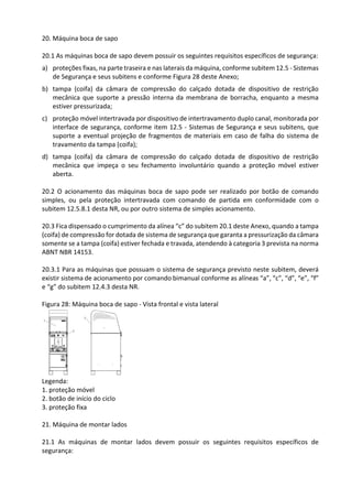 20. Máquina boca de sapo
20.1 As máquinas boca de sapo devem possuir os seguintes requisitos específicos de segurança:
a) proteções fixas, na parte traseira e nas laterais da máquina, conforme subitem 12.5 - Sistemas
de Segurança e seus subitens e conforme Figura 28 deste Anexo;
b) tampa (coifa) da câmara de compressão do calçado dotada de dispositivo de restrição
mecânica que suporte a pressão interna da membrana de borracha, enquanto a mesma
estiver pressurizada;
c) proteção móvel intertravada por dispositivo de intertravamento duplo canal, monitorada por
interface de segurança, conforme item 12.5 - Sistemas de Segurança e seus subitens, que
suporte a eventual projeção de fragmentos de materiais em caso de falha do sistema de
travamento da tampa (coifa);
d) tampa (coifa) da câmara de compressão do calçado dotada de dispositivo de restrição
mecânica que impeça o seu fechamento involuntário quando a proteção móvel estiver
aberta.
20.2 O acionamento das máquinas boca de sapo pode ser realizado por botão de comando
simples, ou pela proteção intertravada com comando de partida em conformidade com o
subitem 12.5.8.1 desta NR, ou por outro sistema de simples acionamento.
20.3 Fica dispensado o cumprimento da alínea “c” do subitem 20.1 deste Anexo, quando a tampa
(coifa) de compressão for dotada de sistema de segurança que garanta a pressurização da câmara
somente se a tampa (coifa) estiver fechada e travada, atendendo à categoria 3 prevista na norma
ABNT NBR 14153.
20.3.1 Para as máquinas que possuam o sistema de segurança previsto neste subitem, deverá
existir sistema de acionamento por comando bimanual conforme as alíneas “a”, “c”, “d”, “e”, “f”
e “g” do subitem 12.4.3 desta NR.
Figura 28: Máquina boca de sapo - Vista frontal e vista lateral
Legenda:
1. proteção móvel
2. botão de início do ciclo
3. proteção fixa
21. Máquina de montar lados
21.1 As máquinas de montar lados devem possuir os seguintes requisitos específicos de
segurança:
 