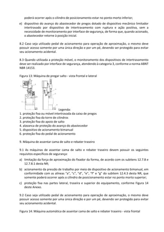 poderá ocorrer após o cilindro de posicionamento estar no ponto morto inferior;
e) dispositivo do avanço do abastecedor de pregos dotado de dispositivo mecânico limitador
intertravado por dispositivo de intertravamento com ruptura e ação positiva, sem a
necessidade de monitoramento por interface de segurança, de forma que, quando acionado,
o abastecedor retorne à posição inicial.
8.2 Caso seja utilizado pedal de acionamento para operação de aproximação, o mesmo deve
possuir acesso somente por uma única direção e por um pé, devendo ser protegido para evitar
seu acionamento acidental.
8.3 Quando utilizada a proteção móvel, o monitoramento dos dispositivos de intertravamento
deve ser realizado por interface de segurança, atendendo à categoria 3, conforme a norma ABNT
NBR 14153.
Figura 13: Máquina de pregar salto - vista frontal e lateral
Legenda:
1. proteção fixa ou móvel intertravada da caixa de pregos
2. proteção fixa da torre de cilindros
3. proteção fixa do apoio de salto
4. alavanca de proteção do avanço do abastecedor
5. dispositivo de acionamento bimanual
6. proteção fixa do pedal de acionamento
9. Máquina de assentar cama de salto e rebater traseiro
9.1 As máquinas de assentar cama de salto e rebater traseiro devem possuir os seguintes
requisitos específicos de segurança:
a) limitação da força de aproximação do fixador da forma, de acordo com os subitens 12.7.8 e
12.7.8.1 desta NR;
b) acionamento da pressão de trabalho por meio de dispositivo de acionamento bimanual, em
conformidade com as alíneas “a”, ”c”, ”d”, “e”, “f” e “g” do subitem 12.4.3 desta NR, que
somente poderá ocorrer após o cilindro de posicionamento estar no ponto morto superior;
c) proteção fixa nas partes lateral, traseira e superior do equipamento, conforme Figura 14
deste Anexo.
9.2 Caso seja utilizado pedal de acionamento para operação de aproximação, o mesmo deve
possuir acesso somente por uma única direção e por um pé, devendo ser protegido para evitar
seu acionamento acidental.
Figura 14: Máquina automática de assentar cama de salto e rebater traseiro - vista frontal
 