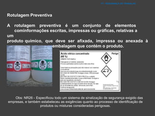 FT - SEGURANÇA DO TRABALHO
Rotulagem Preventiva
A rotulagem preventiva é um conjunto de elementos
cominformações escritas, impressas ou gráficas, relativas a
um
produto químico, que deve ser afixada, impressa ou anexada à
embalagem que contém o produto.
Obs: NR26 - Especificou todo um sistema de sinalização de segurança exigido das
empresas, e também estabeleceu as exigências quanto ao processo de identificação de
produtos ou misturas consideradas perigosas.
 