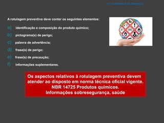 FT - SEGURANÇA DO TRABALHO
A rotulagem preventiva deve conter os seguintes elementos:
a) identificação e composição do produto químico;
b) pictograma(s) de perigo;
c) palavra de advertência;
d) frase(s) de perigo;
e) frase(s) de precaução;
f) informações suplementares.
Os aspectos relativos à rotulagem preventiva devem
atender ao disposto em norma técnica oficial vigente.
NBR 14725 Produtos químicos.
Informações sobresegurança, saúde
e meio ambiente
Parte 3: Rotulagem.
 