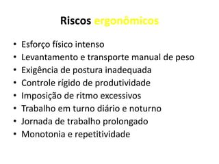 Riscos ergonômicos
• Esforço físico intenso
• Levantamento e transporte manual de peso
• Exigência de postura inadequada
• Controle rígido de produtividade
• Imposição de ritmo excessivos
• Trabalho em turno diário e noturno
• Jornada de trabalho prolongado
• Monotonia e repetitividade
 