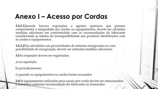 Anexo I – Acesso por Cordas
3.4.2.1Quando houver exposições a agentes químicos que possam
comprometer a integridade das cordas ou equipamentos, devem ser adotadas
medidas adicionais em conformidade com as recomendações do fabricante
considerando as tabelas de incompatibilidade dos produtos identificados com
as cordas e equipamentos.
3.4.2.2Nas atividades nas proximidades de sistemas energizados ou com
possibilidade de energização, devem ser adotadas medidas adicionais.
3.5As inspeções devem ser registradas:
a) na aquisição;
b) periodicamente;
c) quando os equipamentos ou cordas forem recusados.
3.6Os equipamentos utilizados para acesso por corda devem ser armazenados
e mantidos conforme recomendação do fabricante ou fornecedor.
 