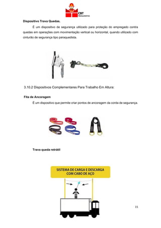 15
Dispositivo Trava Quedas.
É um dispositivo de segurança utilizado para proteção do empregado contra
quedas em operações com movimentação vertical ou horizontal, quando utilizado com
cinturão de segurança tipo paraquedista.
3.10.2 Dispositivos Complementares Para Trabalho Em Altura:
Fita de Ancoragem
É um dispositivo que permite criar pontos de ancoragem da corda de segurança.
Trava queda retrátil
 