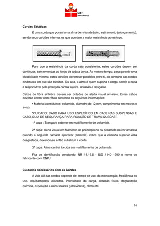 16
Cordas Estáticas
É uma corda que possui uma alma de nylon de baixo estiramento (alongamento),
sendo seus cordões internos os que aportam a maior resistência ao esforço.
Para que a resistência da corda seja consistente, estes cordões devem ser
contínuos, sem emendas ao longo de toda a corda. Ao mesmo tempo, para garantir uma
elasticidade mínima, estes cordões devem ser paralelos entre si, ao contrário das cordas
dinâmicas em que são torcidos. Ou seja, a alma é quem suporta a carga, sendo a capa
a responsável pela proteção contra sujeira, abrasão e desgaste.
Cabos de fibra sintética devem ser dotados de alerta visual amarelo. Estes cabos
deverão contar com rótulo contendo as seguintes informações:
• Material constituinte: poliamida, diâmetro de 12 mm, comprimento em metros e
aviso:
"CUIDADO: CABO PARA USO ESPECÍFICO EM CADEIRAS SUSPENSAS E
CABO-GUIA DE SEGURANÇA PARA FIXAÇÃO DE TRAVA-QUEDAS".
1ª capa : Trançado externo em multifilamento de poliamida.
2ª capa: alerta visual em filamento de polipropileno ou poliamida na cor amarela
quando a segunda camada aparecer (amarela) indica que a camada superior está
desgastada, devendo-se então substituir a corda.
3ª capa: Alma central torcida em multifilamento de poliamida.
Fita de identificação constando: NR 18.16.5 - ISO 1140 1990 e nome do
fabricante com CNPJ.
Cuidados necessários com as Cordas
A vida útil das cordas depende de: tempo de uso, da manutenção, freqüência do
uso, equipamentos utilizados, intensidade da carga, abrasão física, degradação
química, exposição a raios solares (ultravioleta), clima etc.
 