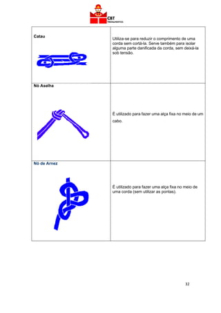 32
Catau
Utiliza-se para reduzir o comprimento de uma
corda sem cortá-la. Serve também para isolar
alguma parte danificada da corda, sem deixá-la
sob tensão.
Nó Aselha
É utilizado para fazer uma alça fixa no meio de um
cabo.
Nó de Arnez
É utilizado para fazer uma alça fixa no meio de
uma corda (sem utilizar as pontas).
 