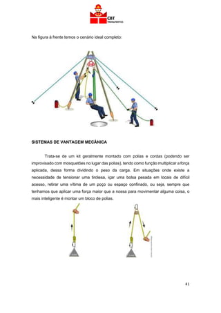 41
Na figura à frente temos o cenário ideal completo:
SISTEMAS DE VANTAGEM MECÂNICA
Trata-se de um kit geralmente montado com polias e cordas (podendo ser
improvisado com mosquetões no lugar das polias), tendo como função multiplicar a força
aplicada, dessa forma dividindo o peso da carga. Em situações onde existe a
necessidade de tensionar uma tirolesa, içar uma bolsa pesada em locais de difícil
acesso, retirar uma vítima de um poço ou espaço confinado, ou seja, sempre que
tenhamos que aplicar uma força maior que a nossa para movimentar alguma coisa, o
mais inteligente é montar um bloco de polias.
 