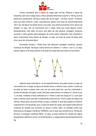 42
Vamos considerar que a massa da carga seja 100 Kg. Observe a figura da
esquerda: para que a carga suba, a força aplicada deverá ser superior a 100 kg, pois se
aplicarmos exatamente 100 Kg a carga não sai do lugar – vai ficar “neutra”. Portanto,
para que esta comece a subir, precisaremos aplicar uma força de aproximadamente
100,1 Kg. Na figura da direita temos uma polia, que está funcionando como desvio de
direção, ou seja, não se movimenta com a carga. Será que muda alguma coisa?
Absolutamente, não! aliás, só piora, pois além de não oferecer vantagem mecânica
aumenta o atrito gerado pela passagem da corda (atrito irrelevante, mas presente) e
serve unicamente como desvio de direção, ou seja, ao invés de puxar de baixo para
cima, puxo de cima para baixo.
Conclusão número 1: Polias fixas não oferecem vantagem mecânica, apenas
mudança de direção. Na figura acima temos um sistema 1:1 (lê-se 1 pra 1), ou seja,
preciso aplicar uma força superior a do peso da carga para que essa se movimente.
Vejamos essa outra figura: na da esquerda temos uma polia móvel, ou seja, se
movimenta com a carga; na figura da direita temos a mesma coisa, porém a corda sai
da polia de baixo e passa mais uma vez por outra polia fixa, que faz unicamente o
sentido da direção da tração mudar. Nos dois casos temos um sistema 2:1 (lê-se 2 pra
1), ou seja, multiplico a força aplicada por 2 / divido o peso da carga por 2, o que quer
dizer a mesma coisa, pois são inversamente proporcionais. Como o peso da carga é de
100 Kg, nesse caso vou puxar 50 Kg, ou seja, a metade. E qual das opções é a melhor?
Logicamente a da esquerda, pois a corda sai direto da carga, sem passar pela polia de
mudança de direção que aumenta um pouco o atrito; aliás, na verdade ocorre que
teremosuma vantagem mecânica TEÓRICA, que é essa que transforma os 100 Kg em
50 Kg e a vantagem mecânica REAL, ou seja, se esse sistema for medido por algum
equipamento eletrônico (como um Dinamômetro), a carga pesaria aproximadamente 60
Kg.
 