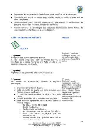 Secretaria de Estado da Educação – SEE/SP
FDE – Fundação para o Desenvolvimento da Educação - DTI – GIP
Projeto Números em Ação – 1ª Fase 2005
25
• Segurança ao argumentar e flexibilidade para modificar os argumentos.
• Disposição em seguir as orientações dadas, desde as mais simples até as
mais complexas.
• Disponibilidade para trabalho colaborativo, percebendo a necessidade de
parceria no uso dos recursos e materiais coletivos.
• Reconhecimento e valorização dos recursos tecnológicos como fontes de
informação importantes para a aprendizagem.
ATIVIDADES/ESTRATÉGIAS DICAS
AULA 1
1º passo
Recepção dos alunos com uma música.
A sala estará preparada com os micros ligados, a
interface do projeto Números em Ação aberta e as
cadeiras dispostas em círculo.
2º passo
O professor se apresenta e fala um pouco de si.
3º passo
Os alunos se apresentam, usando a seguinte
estratégia:
• a turma é dividida em duplas;
• cada elemento da dupla tem dois minutos para
falar de si para o colega;
• o professor marca os dois minutos e bate uma
palma;
• o outro aluno fala de si, durante dois minutos;
• cada aluno se apresenta para a turma, como se
fosse o colega:
- Eu sou... (nome do colega)
- Gosto muito de...
- Tenho muita vontade de...
- As companhias que me deixam feliz são...
- Uma coisa muito engraçada que me
aconteceu foi...
- Outras coisas que queiram falar de si
nesses dois minutos
Professor, escolha a
música de acordo com
as preferências dos
alunos e a faixa etária
deles.
3º passo
Professor, sendo
necessário, os alunos
podem fazer anotações
para não esquecerem o
que foi contado pelo
colega. Porém, o mais
importante é garantir
um clima de
descontração durante a
dinâmica de
apresentação.
 