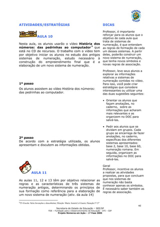 Secretaria de Estado da Educação – SEE/SP
FDE – Fundação para o Desenvolvimento da Educação - DTI – GIP
Projeto Números em Ação – 1ª Fase 2005
40
ATIVIDADES/ESTRATÉGIAS DICAS
AULA 10
Nesta aula, os alunos usarão o vídeo História dos
números: das pedrinhas ao computador
8
que
está no CD de recursos. O trabalho com o vídeo tem
por objetivo iniciar os alunos no estudo dos antigos
sistemas de numeração, estudo necessário à
construção do empreendimento final que é a
elaboração de um novo sistema de numeração.
1º passo
Os alunos assistem ao vídeo História dos números:
das pedrinhas ao computador.
2º passo
De acordo com a estratégia utilizada, os alunos
apresentam e discutem as informações obtidas.
Professor, é importante
reforçar para os alunos que o
objetivo de cada aula que
trata de sistemas de
numeração, é que entendam
as regras de formação de cada
um desses sistemas. A partir
delas, poderão construir um
novo sistema de numeração,
que tenha novos símbolos e
novas regras de associação.
Professor, leve seus alunos a
explorar as informações
relativas a sistemas de
numeração contidas no vídeo.
Para isso, você pode criar
estratégias que considere
interessantes ou utilizar uma
das duas sugestões seguintes:
• Orientar os alunos que
façam anotações, no
caderno, sobre as
informações que acharam
mais relevantes e as
organizem no DOC para
salvá-las.
• Pedir aos alunos que se
dividam em grupos. Cada
grupo se encarrega de fazer
anotações, no caderno,
específicas dos diferentes
sistemas apresentados:
base 2, base 10, base 60,
numeração romana. Em
seguida, organizam as
informações no DOC para
salvá-las.
AULA 11
As aulas 11, 12 e 13 têm por objetivo relacionar as
regras e as características de três sistemas de
numeração antigos, determinando os princípios de
sua formação como referência para a elaboração de
um novo sistema de numeração (ativ. da aula 14)
Geral
Professor, incentive os alunos
a realizar as atividades
propostas, para que concluam
que nos sistemas de
numeração não basta
conhecer apenas os símbolos.
É necessário saber também as
regras de associação.
8
TV-Escola: Série Invenções e descobertas; Direção: Marie Annick Lê Guern; Duração:5’15”
 