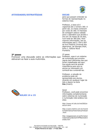 Secretaria de Estado da Educação – SEE/SP
FDE – Fundação para o Desenvolvimento da Educação - DTI – GIP
Projeto Números em Ação – 1ª Fase 2005
42
ATIVIDADES/ESTRATÉGIAS DICAS
2º passo
Promover uma discussão sobre as informações que
obtiveram ao fazer a aula multimídia.
para que possam entender as
formas de representação no
sistema maia.
Professor, a base só é
vigesimal até o número 360. A
partir daí, os maias contavam
por ciclos de 360. O interesse
da contagem estava voltado
para o calendário que dividia o
ano em 18 meses de 20 dias,
num total de 360 dias. Para
maiores informações, leia as
informações das p. 654 a 667
do livro História universal dos
algarismos ,de Georges Ifrah,
tomo 1, Editora Nova
Fronteira.
2º passo
Professor, esse é um sistema
de numeração que envolve
regras bem diferentes das que
foram trabalhadas até aqui.
Sua ajuda será de grande
importância para que os
alunos se interessem em
conhecê-las e entendê-las.
Professor, a solução do
problema pode ser
apresentada aos alunos,
clicando em qualquer lugar da
tela e depois na tecla
Ins.(Insert).
AULAS 14 e 15
Geral
Professor, você pode encontrar
informações complementares
sobre sistemas de numeração
e numeração indo-arábica nos
sites:
http://www.inf.ufsc.br/ine5365/si
stnum.html
http://users.hotlink.com.br/mariel
li/matematica/histomatica/histoari
.html
http://pagpessoais.iol.pt/fornelos/
matematica/BentoF/HFMbentofern
andes.htm
 