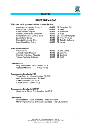 Secretaria de Estado da Educação – SEE/SP
FDE – Fundação para o Desenvolvimento da Educação - DTI – GIP
Projeto Números em Ação – 1ª Fase 2005
7
CRÉDITOS
NÚMEROS EM AÇÃO
ATPs que participaram da elaboração do Projeto
Aparecida de Lourdes Bonanno – NRTE / DE Guarulhos Sul
Braz Dorival Ognibeni – NRTE / DE Jales
Celso Roberto Stigliani – NRTE / DE Sorocaba
Fátima Aparecida da Silva Dias – NRTE / DE Tupã
Helder Clementino Lima da Silva – NRTE / DE Pindamonhangaba
Laura Maria Correa – NRTE / DE Pres. Prudente
Roberta Oliveira da Silva – NRTE / DE Taboão da Serra
Rosa Maria Pires Bueno – NRTE / DE Itararé
ATPs colaboradores
Cláudia Gatti – NRTE / DE São Carlos
James Ernesto Mazzanti – NRTE / DE Caieiras
Solange Antônia de Azevedo – NRTE / DE Diadema
Tatiana Pacheco de Souza – NRTE / DE Sul 3
Coordenação
Nely Aparecida P. Silva – GIP/DTI/FDE
Wolgram Marialva – GIP/DTI/FDE
Coordenação Geral pela FDE
Tirone Francisco Chahad Lanix – DE/FDE
Leila Rentroia Ianonne – DPE/FDE
Alexandre Ortelã – DTI/FDE
Silvia Galletta – GIP/DTI/FDE
Coordenação Geral pela SEE/SP
Sonia Maria Silva – Coordenadora da CENP
Consultoria
Luciana Maria Tenuta de Freitas – Info Educacional
Maria Virgínia Ferrara de Carvalho Barbosa – Info Educacional
 