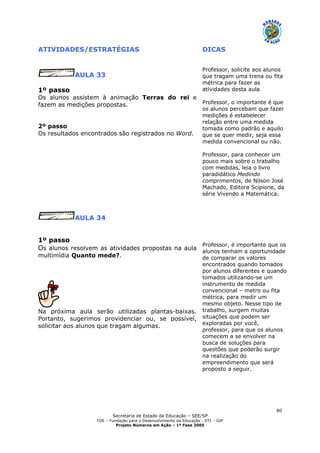 Secretaria de Estado da Educação – SEE/SP
FDE – Fundação para o Desenvolvimento da Educação - DTI – GIP
Projeto Números em Ação – 1ª Fase 2005
80
ATIVIDADES/ESTRATÉGIAS DICAS
AULA 33
1º passo
Os alunos assistem à animação Terras do rei e
fazem as medições propostas.
2º passo
Os resultados encontrados são registrados no Word.
Professor, solicite aos alunos
que tragam uma trena ou fita
métrica para fazer as
atividades desta aula
Professor, o importante é que
os alunos percebam que fazer
medições é estabelecer
relação entre uma medida
tomada como padrão e aquilo
que se quer medir, seja essa
medida convencional ou não.
Professor, para conhecer um
pouco mais sobre o trabalho
com medidas, leia o livro
paradidático Medindo
comprimentos, de Nilson José
Machado, Editora Scipione, da
série Vivendo a Matemática.
AULA 34
1º passo
Os alunos resolvem as atividades propostas na aula
multimídia Quanto mede?.
Na próxima aula serão utilizadas plantas-baixas.
Portanto, sugerimos providenciar ou, se possível,
solicitar aos alunos que tragam algumas.
Professor, é importante que os
alunos tenham a oportunidade
de comparar os valores
encontrados quando tomados
por alunos diferentes e quando
tomados utilizando-se um
instrumento de medida
convencional – metro ou fita
métrica, para medir um
mesmo objeto. Nesse tipo de
trabalho, surgem muitas
situações que podem ser
exploradas por você,
professor, para que os alunos
comecem a se envolver na
busca de soluções para
questões que poderão surgir
na realização do
empreendimento que será
proposto a seguir.
 