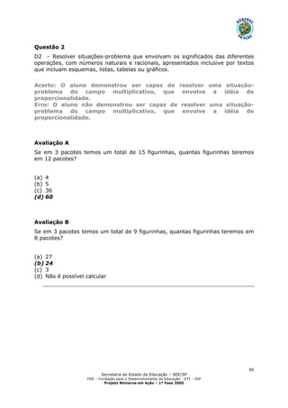 Secretaria de Estado da Educação – SEE/SP
FDE – Fundação para o Desenvolvimento da Educação - DTI – GIP
Projeto Números em Ação – 1ª Fase 2005
90
Questão 2
D2 – Resolver situações-problema que envolvam os significados das diferentes
operações, com números naturais e racionais, apresentados inclusive por textos
que incluam esquemas, listas, tabelas ou gráficos.
Acerto: O aluno demonstrou ser capaz de resolver uma situação-
problema do campo multiplicativo, que envolve a idéia de
proporcionalidade.
Erro: O aluno não demonstrou ser capaz de resolver uma situação-
problema do campo multiplicativo, que envolve a idéia de
proporcionalidade.
Avaliação A
Se em 3 pacotes temos um total de 15 figurinhas, quantas figurinhas teremos
em 12 pacotes?
(a) 4
(b) 5
(c) 36
(d) 60
Avaliação B
Se em 3 pacotes temos um total de 9 figurinhas, quantas figurinhas teremos em
8 pacotes?
(a) 27
(b) 24
(c) 3
(d) Não é possível calcular
 