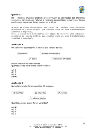 Secretaria de Estado da Educação – SEE/SP
FDE – Fundação para o Desenvolvimento da Educação - DTI – GIP
Projeto Números em Ação – 1ª Fase 2005
95
Questão 7
D2 – Resolver situações-problema que envolvam os significados das diferentes
operações, com números naturais e racionais, apresentados inclusive por textos
que incluam esquemas, listas, tabelas ou gráficos.
Acerto: O aluno demonstrou ser capaz de resolver uma situação-
problema do campo aditivo, que envolve mais de uma transformação
(positiva e negativa).
Erro: O aluno não demonstrou ser capaz de resolver uma situação-
problema do campo aditivo, que envolve mais de uma transformação
(positiva e negativa).
Avaliação A
Um vendedor está fazendo o balanço das vendas de hoje.
6 bombons 7 barras de chocolate
24 balas .?.caixas de chicletes
Foram vendidas 46 mercadorias.
Quantas caixas de chicletes foram vendidas?
(a) 6
(b) 7
(c) 8
(d) 9
Avaliação B
Numa lanchonete, foram vendidos 57 salgados.
13 coxinhas 19 empadas 17 pastéis
.?. pães de queijo
Quantos pães de queijo foram vendidos?
(a) 8
(b) 7
(c) 6
(d) 5
 