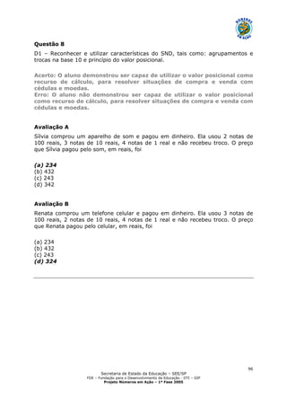 Secretaria de Estado da Educação – SEE/SP
FDE – Fundação para o Desenvolvimento da Educação - DTI – GIP
Projeto Números em Ação – 1ª Fase 2005
96
Questão 8
D1 – Reconhecer e utilizar características do SND, tais como: agrupamentos e
trocas na base 10 e princípio do valor posicional.
Acerto: O aluno demonstrou ser capaz de utilizar o valor posicional como
recurso de cálculo, para resolver situações de compra e venda com
cédulas e moedas.
Erro: O aluno não demonstrou ser capaz de utilizar o valor posicional
como recurso de cálculo, para resolver situações de compra e venda com
cédulas e moedas.
Avaliação A
Sílvia comprou um aparelho de som e pagou em dinheiro. Ela usou 2 notas de
100 reais, 3 notas de 10 reais, 4 notas de 1 real e não recebeu troco. O preço
que Sílvia pagou pelo som, em reais, foi
(a) 234
(b) 432
(c) 243
(d) 342
Avaliação B
Renata comprou um telefone celular e pagou em dinheiro. Ela usou 3 notas de
100 reais, 2 notas de 10 reais, 4 notas de 1 real e não recebeu troco. O preço
que Renata pagou pelo celular, em reais, foi
(a) 234
(b) 432
(c) 243
(d) 324
 