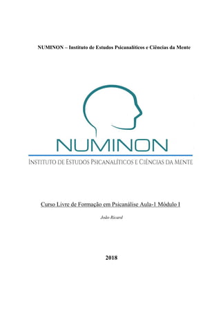 Curso Livre de Formação em Psicanálise Aula-1 Módulo I
João Ricard
2018
NUMINON – Instituto de Estudos Psicanalíticos e Ciências da Mente
 