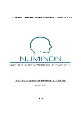 Curso Livre de Formação em Psicanálise Aula-3 Módulo I
Por João Ricard
2018
NUMINON – Instituto de Estudos Psicanalíticos ...