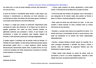 Apostila de Curso para Técnicas em Radiodiagnósticos Odontológicos
do crânio até a o nível da sexta vértebra cervical. Seu tamanho é
de cerca de 12cm.
A boca do homem é constituída pelos dentes e pela língua, que
misturam e transformam os alimentos em bolo alimentar, ao
envolvê-los em saliva. Os dentes não são todos iguais. Conforme a
sua função cada dente tem uma forma diferente.
A língua é o órgão que recebe os estímulos responsáveis pela
sensação do sabor dos alimentos. É na língua que se situam as
papilas gustativas. Em redor da boca humana existem as
glândulas salivares que produzem a saliva. A sua função é de
transformar o amido em produtos mais simples. Depois de
formado, o bolo alimentar passa para a faringe (deglutição).
O palato separa a cavidade oral da porção nasal da farínge e é
dividido em duas regiões: os dois terços anteriores (porção óssea)
denominado palato duro e o terço posterior móvel (porção
fibromuscular) denominado palato mole. O palato forma um arco
no teto da cavidade oral. Esse arqueamento é presente no sentido
antero-posterior e transverso.
Capítulo II
Anatomia do Dente
• Coroa: parte superior do dente, geralmente a única parte
visível. O formato da coroa determina a função do dente.
• Linha de junção dos dentes e da gengiva: sem a escovação e
uso adequado do fio dental, nesta área podem se formar a
placa e o tártaro, causando gengivite e outros males.
• Raiz: parte do dente que está dentro do osso. A raiz, que
mantém o dente inserido no osso, constitui mais ou menos
dois terços do seu tamanho.
• Esmalte: a camada mais externa da superfície do dente. É o
tecido mais duro e mineralizado de todo o corpo humano, mas
pode ser danificado se os dentes não forem higienizados
adequadamente.
• Dentina: camada dentária situada abaixo do esmalte. Se a
cárie conseguir atravessar o esmalte, ela passa a atacar a
dentina, onde há milhões de pequenos túbulos que vão
diretamente à polpa do dente.
• Polpa: tecido mole situado no centro do dente, onde se
encontram o nervo e os vasos sangüíneos. Quando a cárie
atingir essa área, as pessoas geralmente sentem dor.
Professora Mariana Marcelino – aulasaude@hotmail.com 5
 