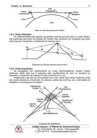 Ondas e Antenas
Onda em visada direta(acima de 30 MHz).
1.5.4. Ondas Difratadas.
As ondas difratadas são aquelas que atingem antenas que não estão na visada direta e
são explicadas pela teoria da difração de Fresnel. Elas aparecem em recepções que ficam
obstruídas por montanhas ou obstáculos de maneira geral.
Propagação por difração (obstáculo gume de faca).
1.5.5. Ondas Espalhadas
Na propagação por espalhamento as ondas eletromagnéticas atingem longas
distâncias, efeito este que é explicado pelo espalhamento do sinal na ionosfera ou
troposfera. O fenômeno da difração é muito conhecido com a luz.
Antigamente este tipo de comunicação era muito usado para atingir distâncias onde
não existia enlaces de microondas. As antenas usadas são enormes, pois a densidade de
radiação é muito pequena no receptor.
Propagação por espalhamento.
Colégio Impacto – 2º Módulo de Telecomunicações
Av. Filinto Muller, 95 - Centro - Três Lagoas/MS
F: (67) 5217513 impacto3lagoas@brturbo.com
11
 